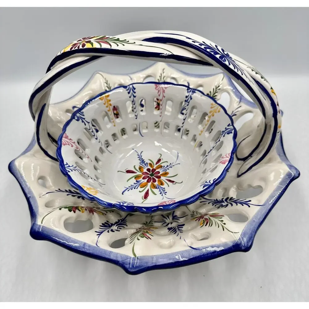 RCCL Ceramic Hand Painted Floral Fruit Basket Braided Handle & Bowl Set Portugal